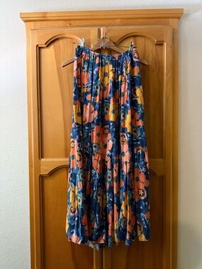 Floral Tiered Maxi Skirt - Navy with Coral & Mustard